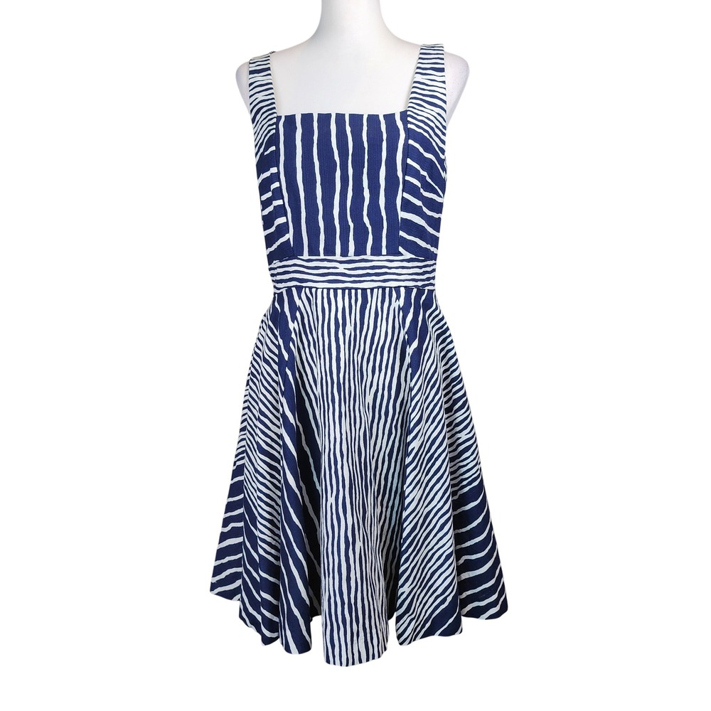 Eva Mendes New York & Company Fit Flare Dress Womens 10 Navy Blue White Cotton